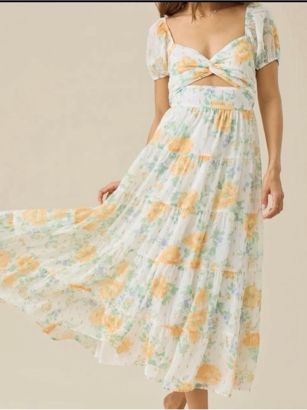 Altar'd State White Maxi Dress with Yellow Floral Print